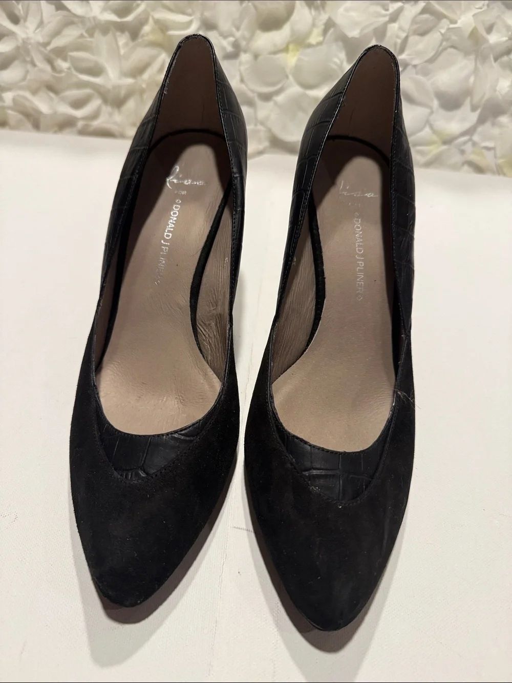 Donald J. Pliner Black Suede Pointed Toe Pumps with Croc Accent